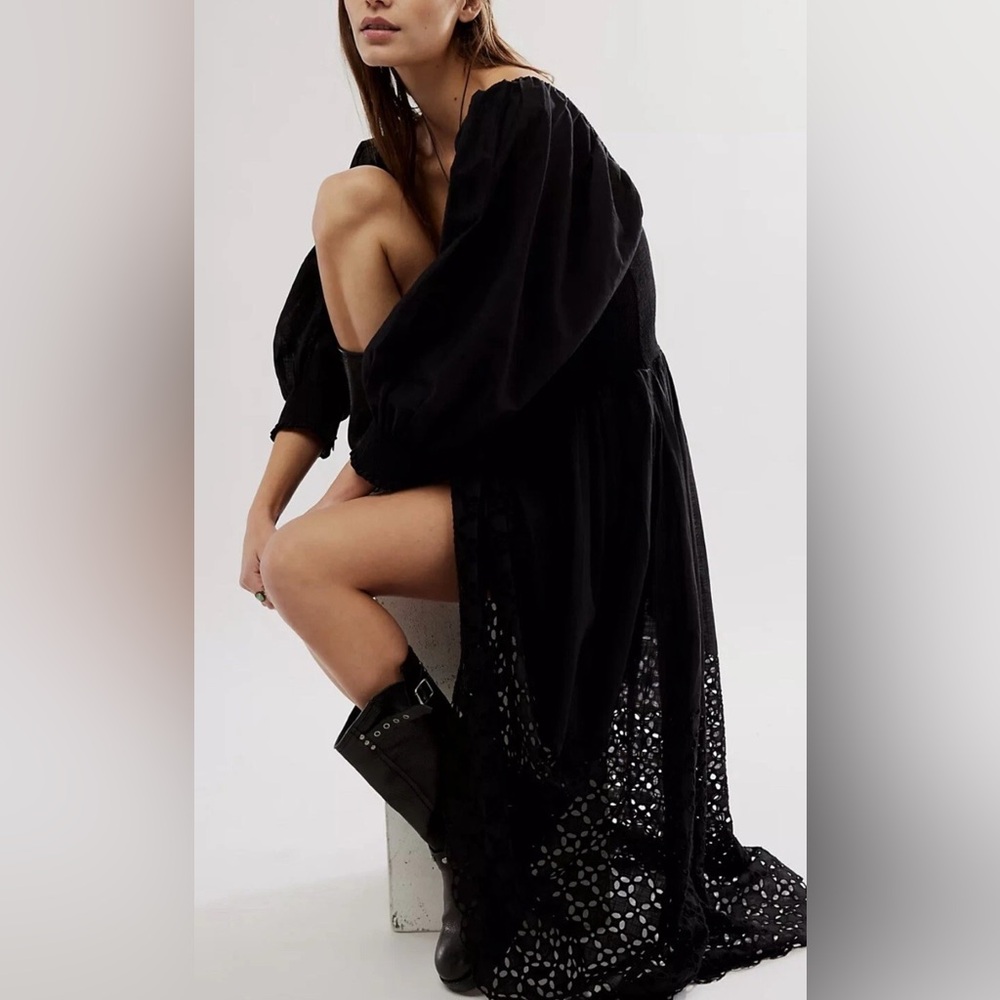 Free People Black Storm Dress Balloon Sleeve Eyelet Bohemian Witchy Wednesday